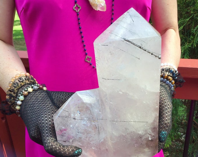 Clear Quartz Tourmaline Crystal Generator ~ Large 9 Lb. 7 oz.~ 8" Tall Tower ~ Black Tourmilated Sparkling Inclusions ~ Fast & Free Shipping