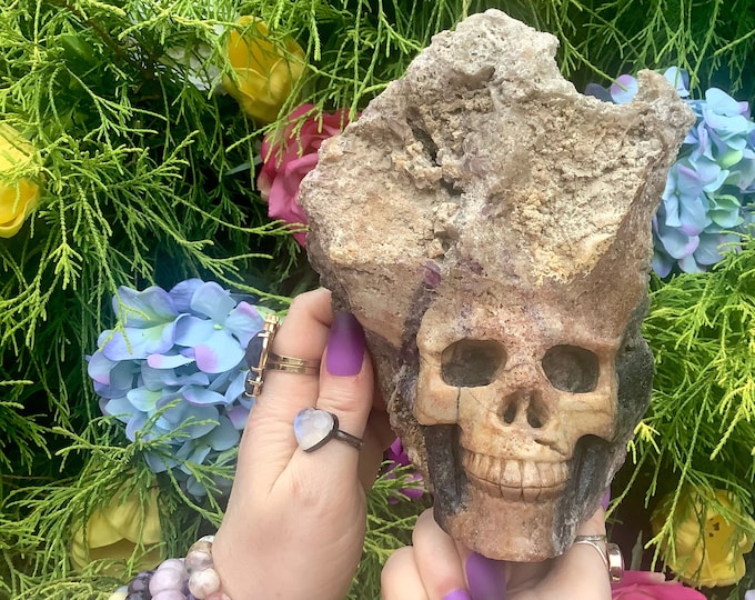 Amethyst Crystal Skull ~ 2 Lb. 7 oz. ~ 7" Tall ~ Expertly Hand-Carved Sculpture on Natural Matrix ~ Sparkling Purple Black & Beige Colors ~