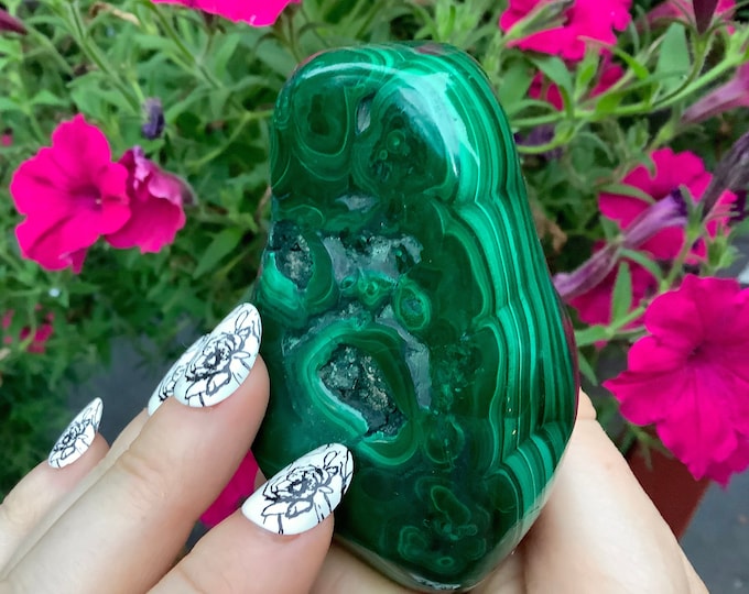 Malachite Large 10.9 oz. Stone ~ 3" Long - Big Beautiful Polished Green African Mineral Specimen Reiki Display ~ Swirling Bullseye Patterns