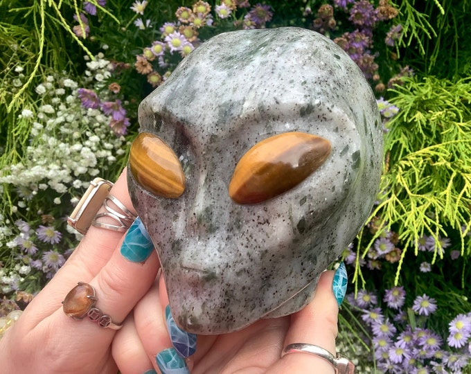 Tourmaline in Quartz Crystal Alien Skull ~ Large 2 Lb. 14 oz. ~ 4" Long ~ With Tigers Eye Eyes ~ Colorful Thick Green  Swirling Inclusions