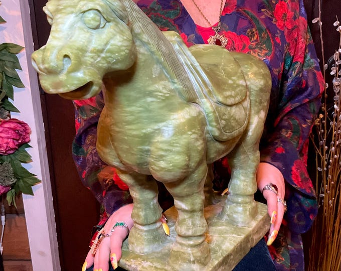 Jadeite Horse Large 42 Lb. ~ 16" Tall ~ Vintage Hand Carved Amazing Detail ~ Stunning Display Specimen ~ Gorgeous Green Animal Totem