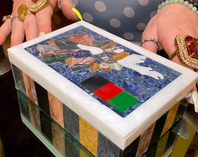 Lapis Lazuli Jewelry Box with Map of Afghanistan ~ 6" Long ~Vintage Handmade from Afghanistan ~ Inlaid Jasper & Marble Display Charging box