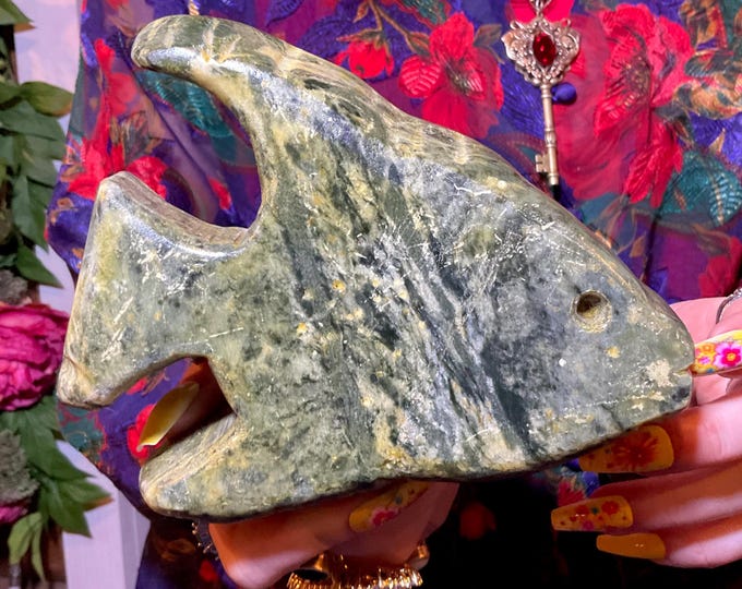 Serpentine Fish Crystal Carving ~ Large 2 Lb. 6 oz. ~ 6" Long ~ Vintage Hand Carved Animal Totem, Altar Display