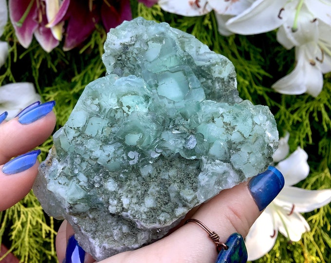 Ice Blue Fluorite Crystal Cluster ~ 14 oz. ~ 3 1/2" Long ~ Sparkling Mineral Matrix ~ Throat Chakra Reiki Healing Altar Display ~ Home Decor
