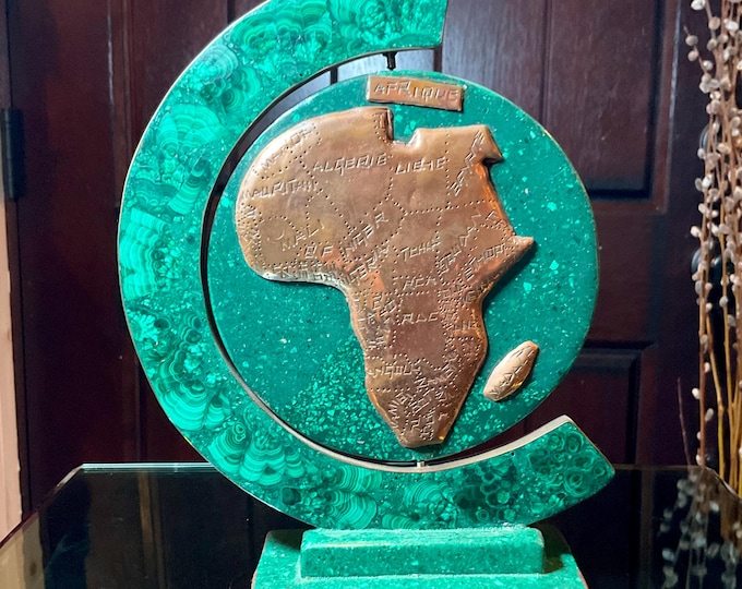 Malachite & Copper Map of Africa Carving Large 1 Lb. 6 oz. Two Sided ~ 8 1/2" Tall ~ Vintage Hand Carved from Congo ~ Museum Quality