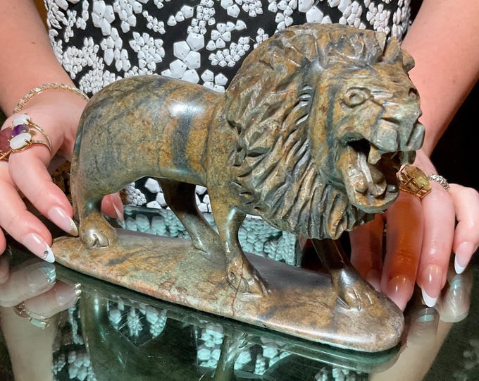 Serpentine African Lion 2 Lb. 11 oz. ~ 7" Long ~ Vintage Hand Carved Zimbabwean Sculpture ~ Swirling Natural Earth Colors ~ Museum Quality