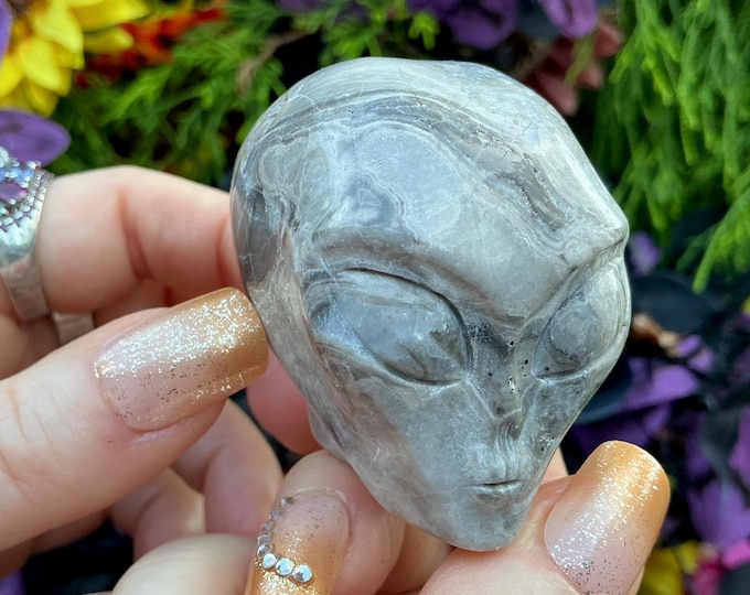 Jasper Emperor Grey Crystal Alien Mini Skull Large 6 oz.  ~ 2" Long ~ One-of-a-Kind Carving ~ High Quality Hand Carved ~ Fast Shipping