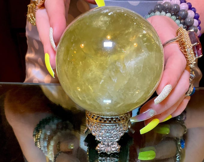 Citrine Quartz Crystal Ball 2 Lb. with Silver Stand ~ 3" Wide Polished Sphere with Sparkling Golden Inclusions ~ Altar, Reiki Display