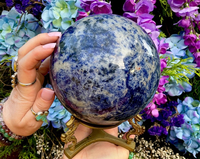 Sodalite Crystal Ball ~ w/ Brass Display Stand ~ Large 8 Lb. ~ 5" Wide ~ Rich Royal Blue Color ~ Fast & Free Shipping, USA + Global Shipping