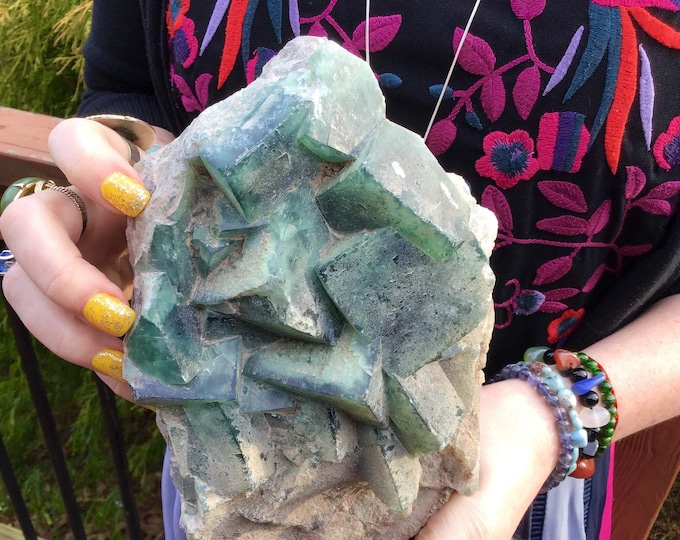 Green Fluorite Crystal Cluster ~ Large 6 Lb. ~ 8" Long ~ Frosted Ultra Sparkling ~ Amazing Altar Display, One of a kind mineral specimen ~
