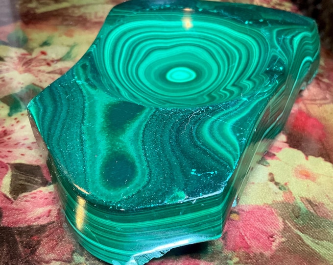 Malachite Crystal Bowl ~ 1 Lb. 13 oz. ~ 5" Long ~ Vintage Charging Dish ~ Green Mineral Specimen ~ Swirling Bulls Eye Patterns
