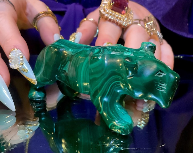African Green Malachite Big 6 oz. Tiger ~ Hand Carved Polished ~ 4" Long ~ Vintage ~ Stunning Museum Display Specimen ~ Gorgeous Mineral