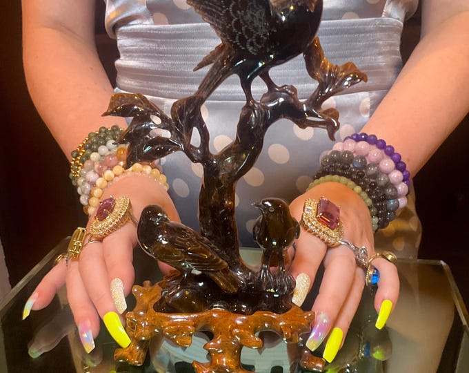 Tigers Eye Birds Crystal Carving ~ 7" Tall ~ Vintage Hand Carved Sculpture from Japan ~ Sparkling Red Gold & Black Colors