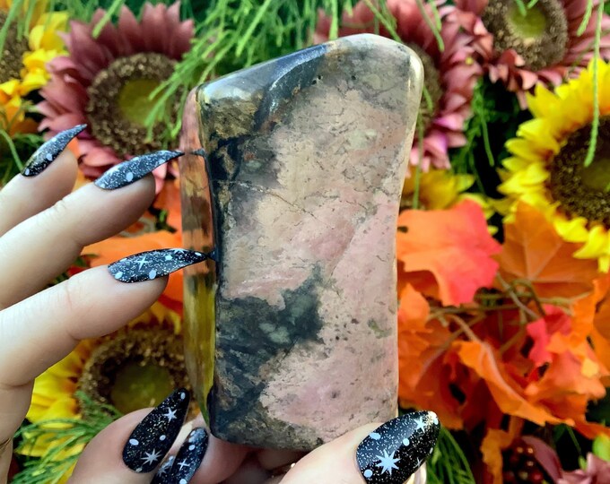 Rhodonite Free Form Crystal ~ Large 1 Lb. 11 oz. ~ 3 1/2" Tall ~ Self Standing Pillar Display ~ Flashing Deep Black, Whites & Pink Colors