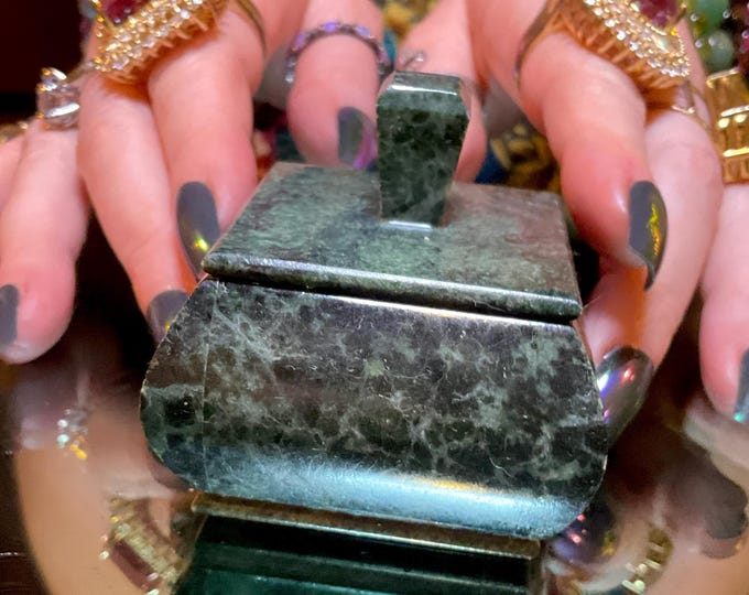 Nephrite Jade Vintage Jewelry Box ~ 2" Long ~ Hand Crafted from Ural Mountains ~ Colorful Green & Black Colors