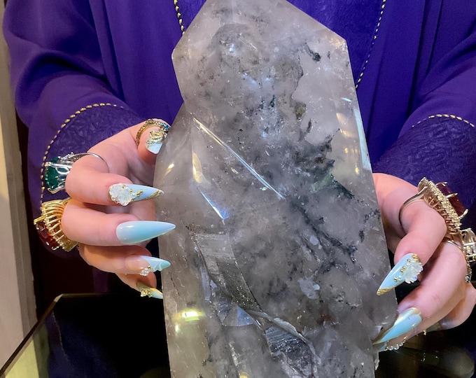 Clear Quartz & Black Tourmaline Large 6 lb. Crystal Generator ~ 8 1/2" Tall Double Point Tower