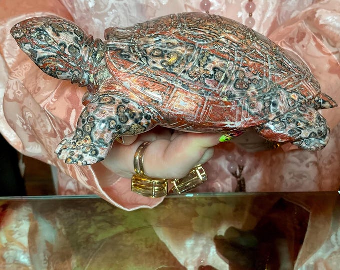 Vintage Orbicular Ocean Jasper Turtle 1 Lb. 10 oz. Carving ~ 6 1/2" Long ~ Hand Carved Art Sculpture ~ Stunning Museum Quality