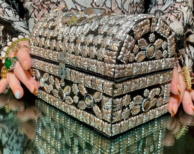 Vintage Moroccan Agate Jewelry Box: 7" Long Moorish Silvered Filigree, Velvet Lined