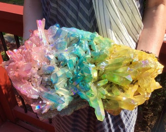 Aura Quartz Crystal Large 27 lb. 15 oz. Cluster ~ 14" Long ~ Big Display ~ Sparkling Pink Green Yellow Rainbow Colors ~ Fast & Free shipping