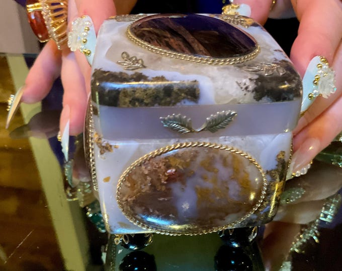 Dendritic Jasper Crystal Jewelry Box 2" Long ~ Vintage Hand-Carved French 19th Century ~ Colorful Earth Tones 5 Agate Gilded Cabochon Ovals