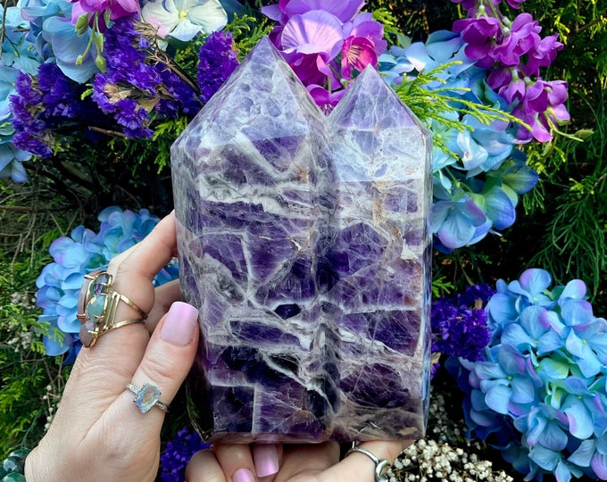 Amethyst Twin Flame Crystal Double Generator ~ Large 6 lb. ~ 7" Tall ~ Swirling Purple and White Colors ~ Fast & Free Shipping, from U.S.A.