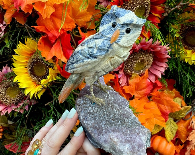Sodalite Crystal Owl Carving ~ 2 Lb. 2 oz. ~ 6" Tall Display ~ Hand Carved from Brazil on Amethyst Base ~ Sparkling Blue & White Colors