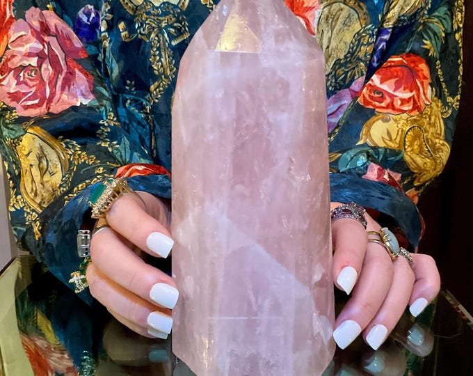 Rose Quartz Crystal Large 3 lb. 13 oz. Generator ~ 8" Tall Tower ~ Swirling Pink & White Colors