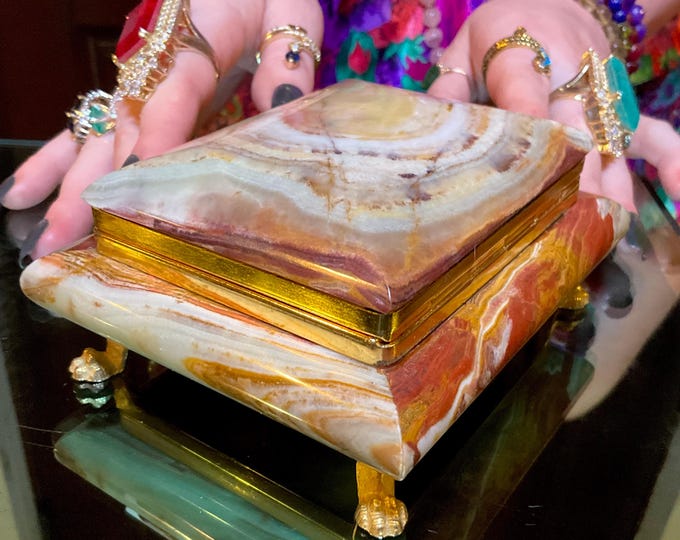 Afghan Jade Jewelry Box with Hinged Lid ~5" Long ~ Vintage Hand Carved Display Charging Box ~ Swirling Green, White & Golden Pattern