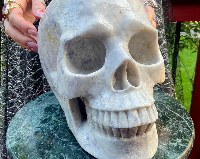 HUGE Lavendar Lace Agate Crystal Skull ~ 20 Lb 12 oz ~ 9" Long ~ Expertly Hand Carved ~ Purple & White Sparkling Colors ~ Metaphysical Decor