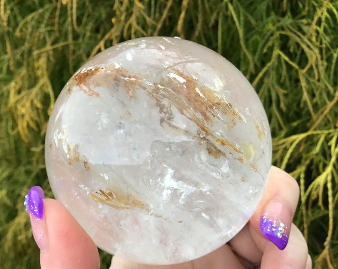 Clear Quartz Crystal Ball ~ Large 1 Lb. 3 oz. ~ Golden Healer & Silver Inclusions ~ 3" Wide Polished Sphere ~ Sparkling Rainbow Prisms ~