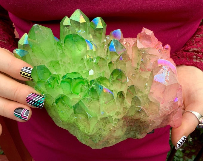 Aura Quartz Crystal Large 3 Lb. 15 oz. Cluster ~ 7" Long ~ Electric Pink & Green Points ~ Rainbow Iridescent Sparkly Points ~ Fast Shipping