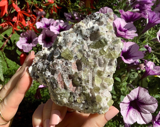 Yellow Apatite Crystal Cluster ~ Large 1 Lb. ~ 4" Long ~ Sparkling Golden Yellow Crystals ~ Feldspar Garnet Matrix ~ Fast & Free Shipping
