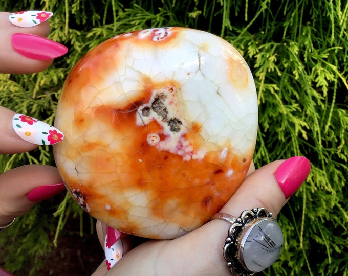 Carnelian Agate Freeform Crystal ~ Large 9.6 oz. ~ 3" Long ~ Stunning Orange Red & White Colors ~ Handheld Stone