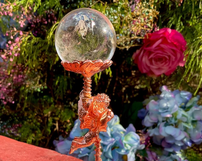 Clear Quartz Crystal Ball ~ 3 oz. Polished Sphere ~ 1" Wide ~ Cherub Display Stand ~ Reiki, Altar, Feng Shui, Meditation ~ Fast Shipping