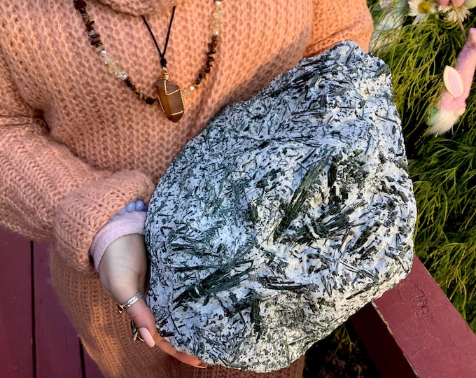 Green Actinolite Crystal Cluster ~ Large 28 lb. 12 oz ~ 12" Long ~ Centerpiece Display~ Sparkling Gemmy Green Bands on white Feldspar Matrix