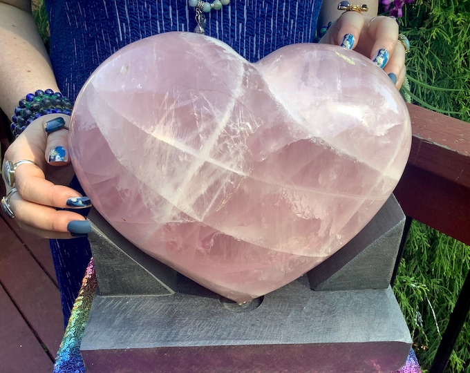 Rose Quartz Crystal Heart ~ Large 24 Lb. ~ 10" Wide with a Free-Standing Custom Display Stand ~ Angelic Baby Pink Colors ~ Fast Shipping