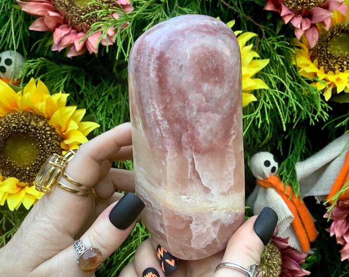 Pink Calcite Crystal Free Form ~ Large 2 Lb. ~ 5" Tall ~ Swirling Peach & White Colors ~ Reiki, Feng Shui Altar, Display ~ Fast Shipping