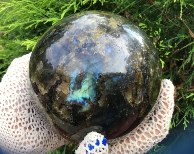 Labradorite Crystal Ball ~ Large 5 Lb. 5 oz. ~ 5" Wide Sphere ~ Flashing Blue & Gold Iridescent Mineral ~ Reiki, Feng Shui Display