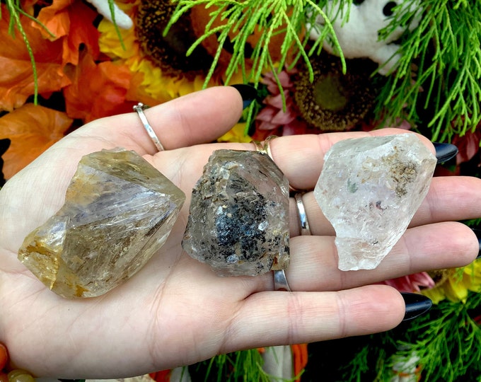 Herkimer Diamond Trio of 3 Crystals ~ Sparkling Inclusions, Black Phantoms, Golden Healer ~ Natural Quartz ~ Mined in N.Y.  Ace of Diamonds