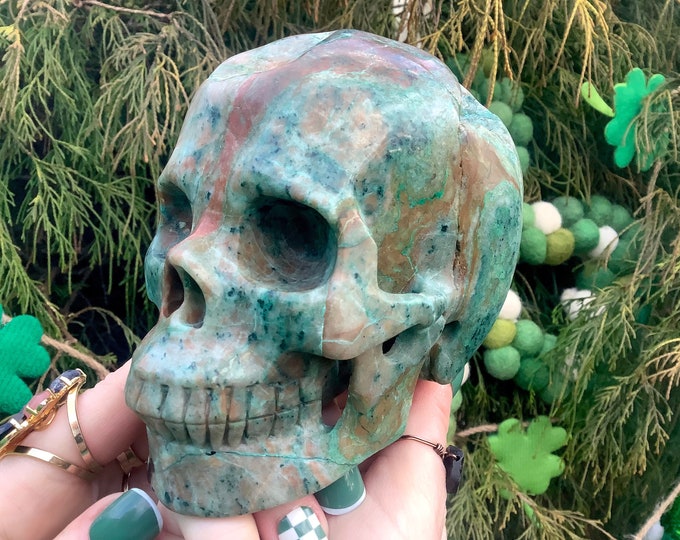 Chrysocolla Crystal Skull ~ 2 Lb. 12 oz. ~ Swirling Green & Blue Colors ~ 5" Long ~ Expertly Hand-Crafted Display Sculpture ~ Fast Shipping