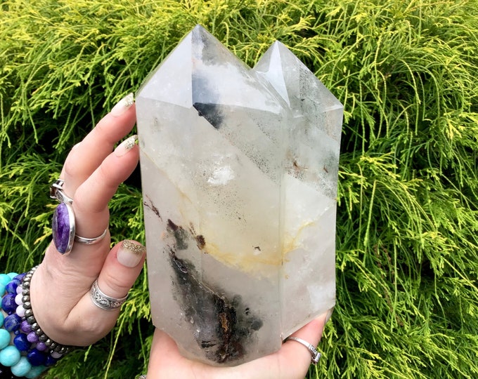 Clear Quartz Twin Flame Crystal Generator ~ Large 6 lb. 13 oz. ~ 7" Tall Double Point Tower ~ Green Chlorite & Black Tourmaline Inclusions