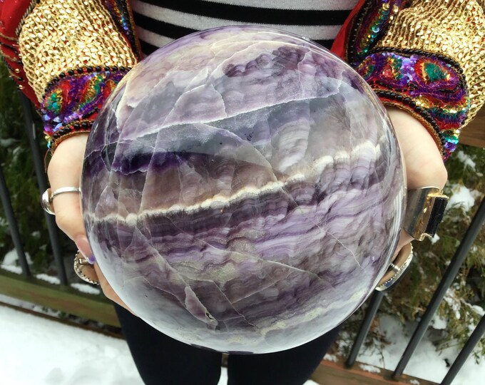 Purple Fluorite Crystal Ball ~ Large 19 Lb. ~ 7" Wide Sphere ~ Swirling Violet & White Rainbow Colors ~ Beautiful Reiki, Altar, Display