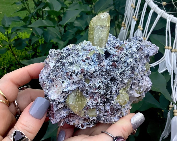 Yellow Apatite Crystal Cluster ~ Large 1 Lb. 12 oz. ~ 5" Long ~ Feldspar Garnet Matrix ~ Sparkling Golden Crystals ~ Fast & Free Shipping
