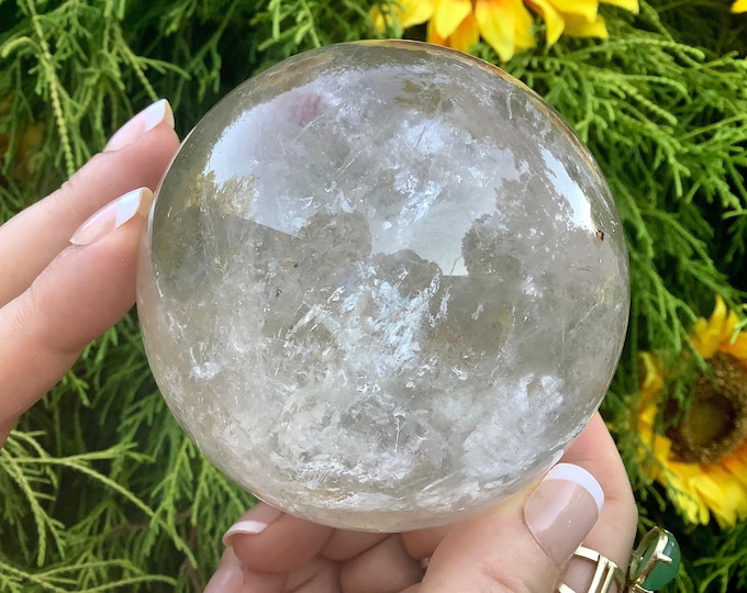 Large Clear Quartz Crystal Ball: Polished Sphere, Rainbow Inclusions (3 1/2" Wide)
