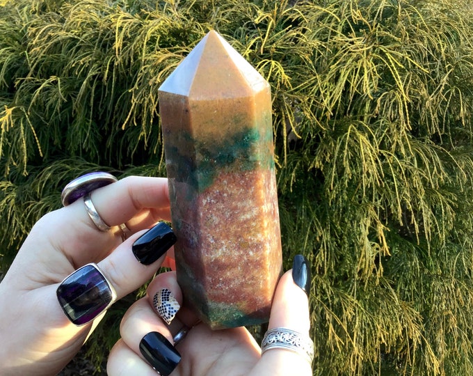 Bloodstone Crystal Generator ~ Large 14.4 oz. ~ 4 1/2" Tall Tower ~ Beautiful Swirling Red, Green and White Colors Jasper ~ Fast Shipping