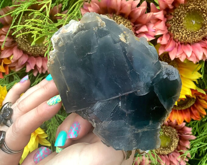 Blue Fluorite Cubic Crystal Cluster ~ Large 1 lb. 10 oz.  ~ 4" Long ~ Ocean Blue & Clear Colors Translucent Crystals ~ Fast Shipping, U.S.A.