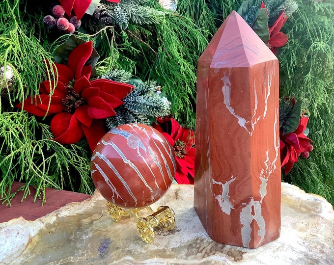 Red Jasper Crystal Ball & Tower with Decorative Display Stand ~ Crystal Gift Set ~ Generator and Sphere Display Set ~ Free Gift Wrapping