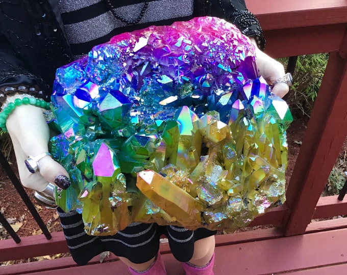 Rainbow Aura Quartz Crystal Cluster ~ Large 26 Lb. 12 oz. ~ 10" Long ~ Magenta, Blue, Green, Yellow Colors ~Magnificent Centerpiece Display