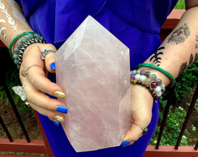 Rose Quartz Crystal Generator ~ 5 Lb. 15 oz. ~ 8" Tall ~ Swirling Pink & White Colors ~ Altar, Reiki, Feng Shui, Décor, Tower Pillar Display