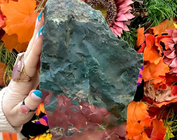 Bloodstone Crystal Free Form ~ Large 10 lb. 14 oz ~ 12" Tall ~ Natural Unpolished ~ Swirling Green & Red Patterns Throughout ~ Fast Shipping